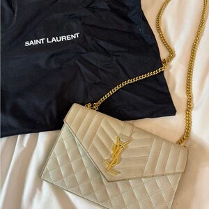 Saint Laurent Quilted Cream Crossbody with Gold Chain